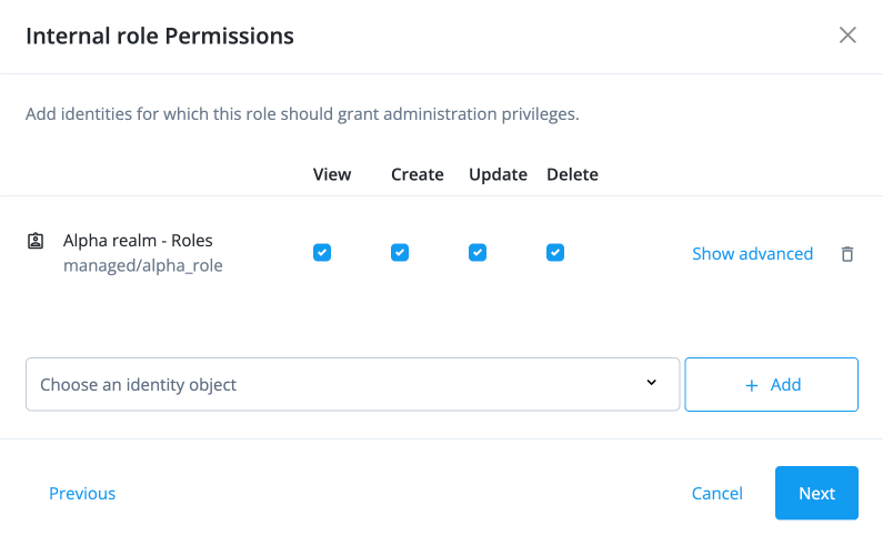 Screen capture of permission configuration showing four checkboxes: View for viewing role information, Create for creating new roles, Update for updating existing roles, and Delete for deleting roles.