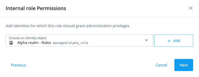 Screen capture of the Internal role Permissions modal showing a selectable list with 'Alpha realm - Roles' option and an Add button.