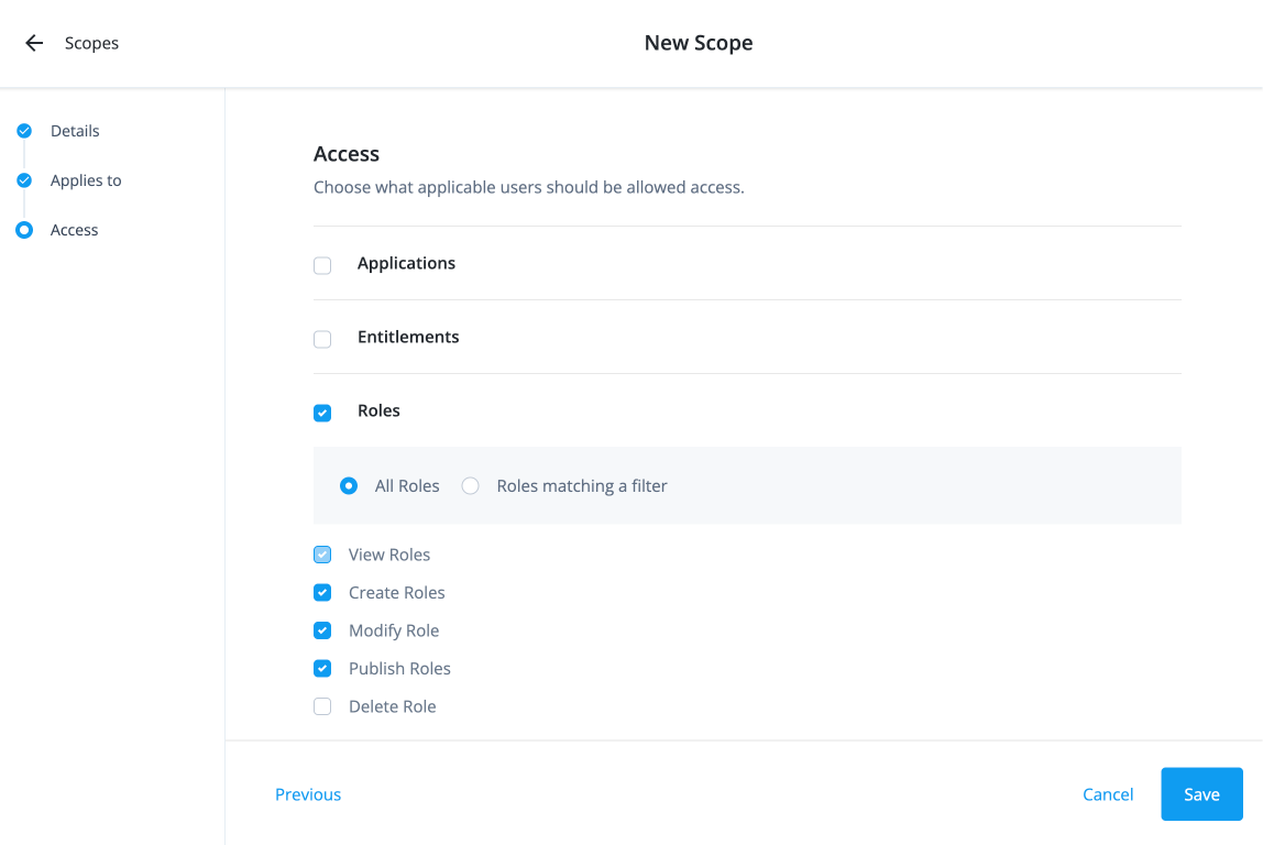 The New Scope page showing the Access tab with Roles selected and four permission checkboxes: Create Roles, Modify Role, Publish Roles, and Delete Role, plus a Save button.