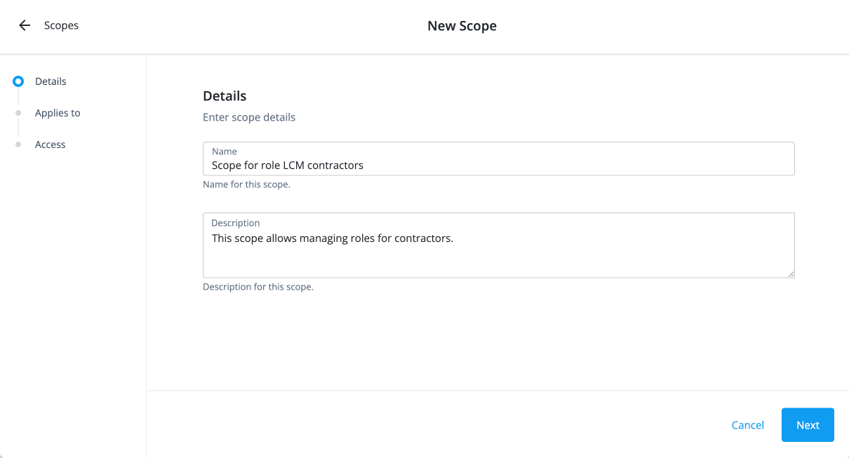 The New Scope page showing the Details tab with Name field containing 'Role LCM scope for contractors', Description field with explanatory text, and a Next button at the bottom.