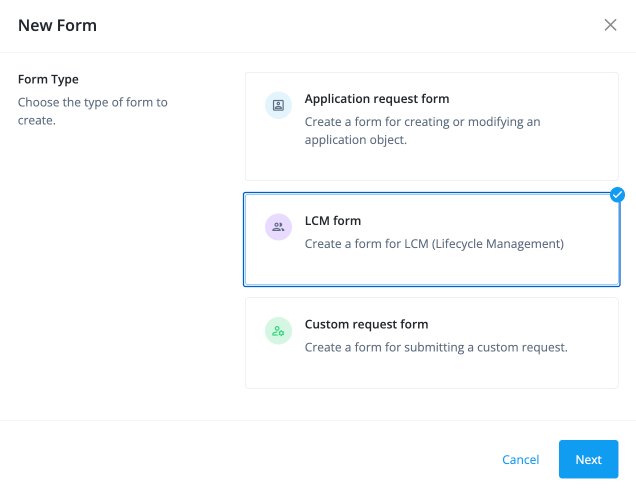 Select LCM form on the New Form modal