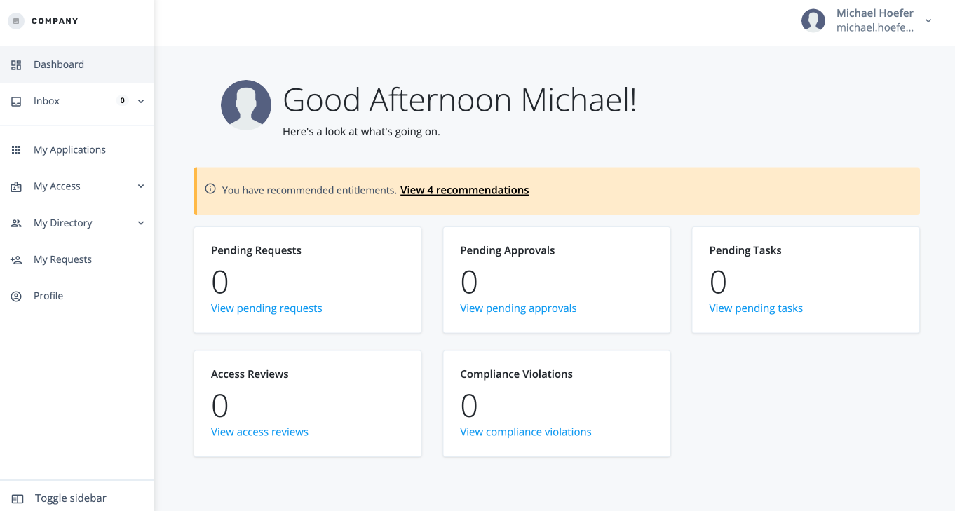 End user dashboard with recommendations.