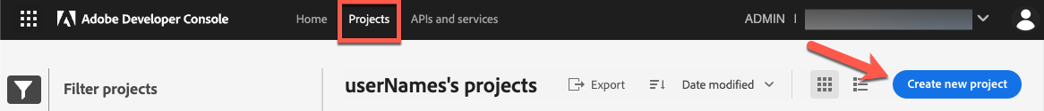 Create a project in the Adobe Developer Console