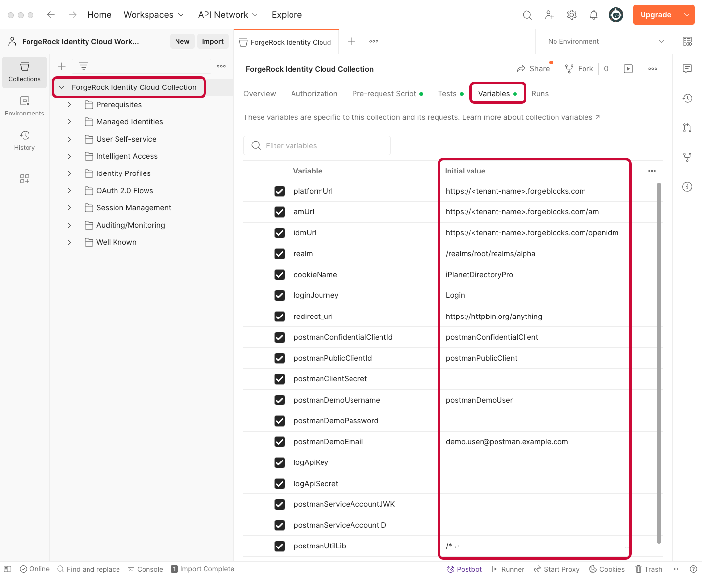 Editing the default variables used by the Postman collection