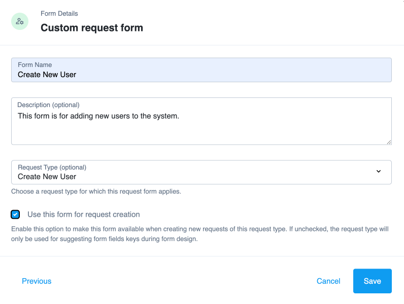 Custom request form page showing the 'Use this form for request creation' checkbox.