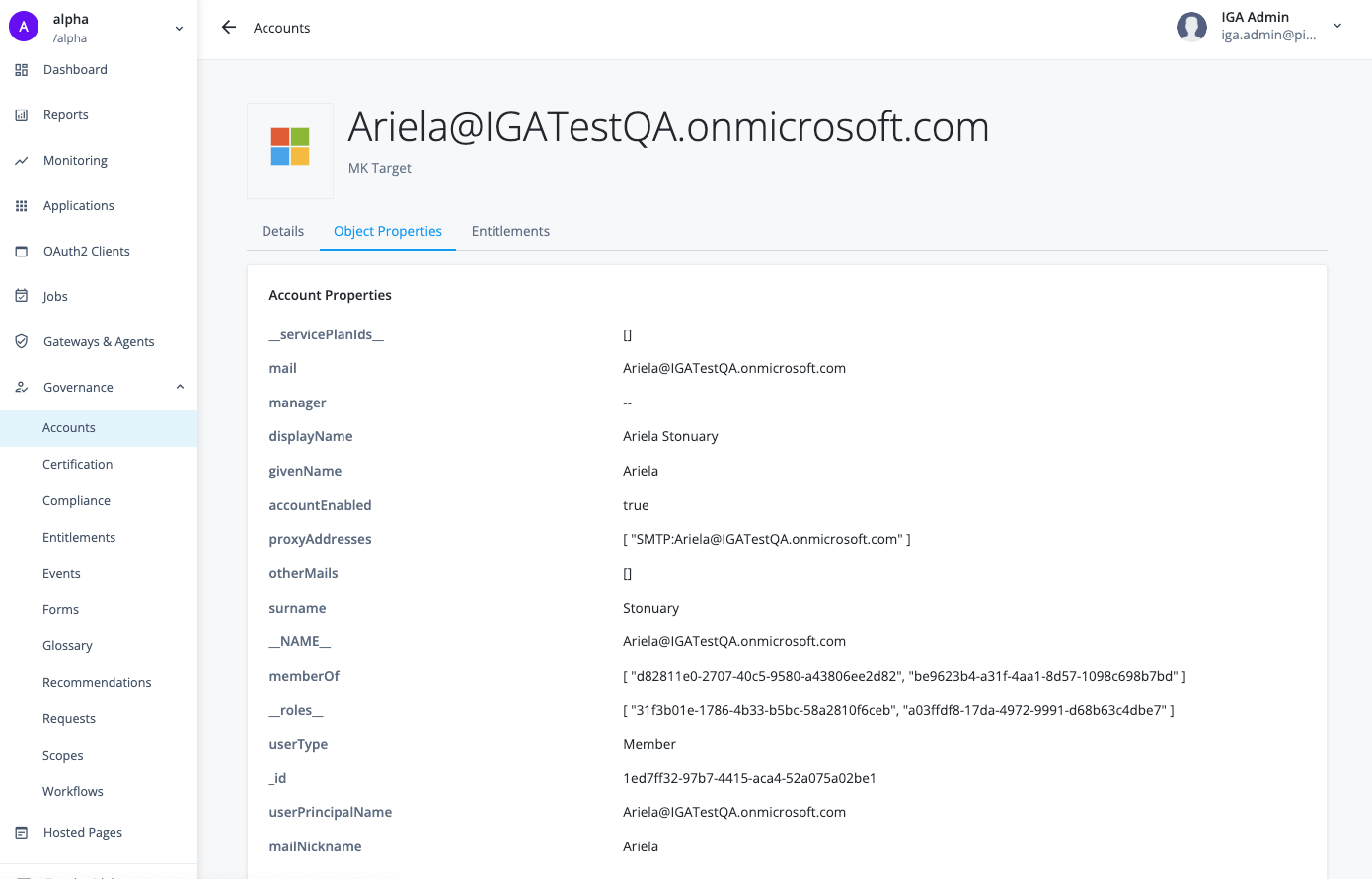 View the account’s object properties.
