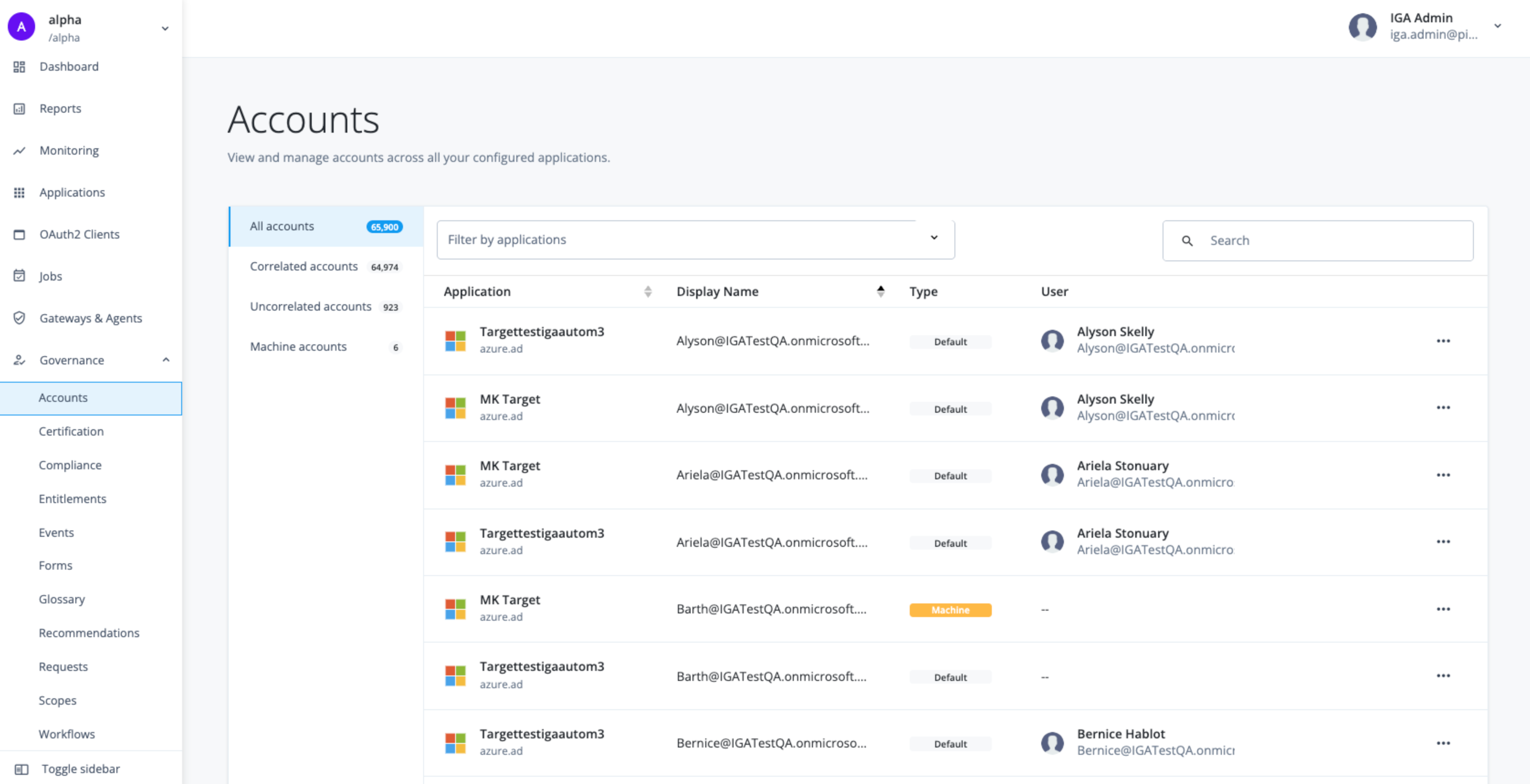 The accounts page where you can manage accounts across your configured applications.