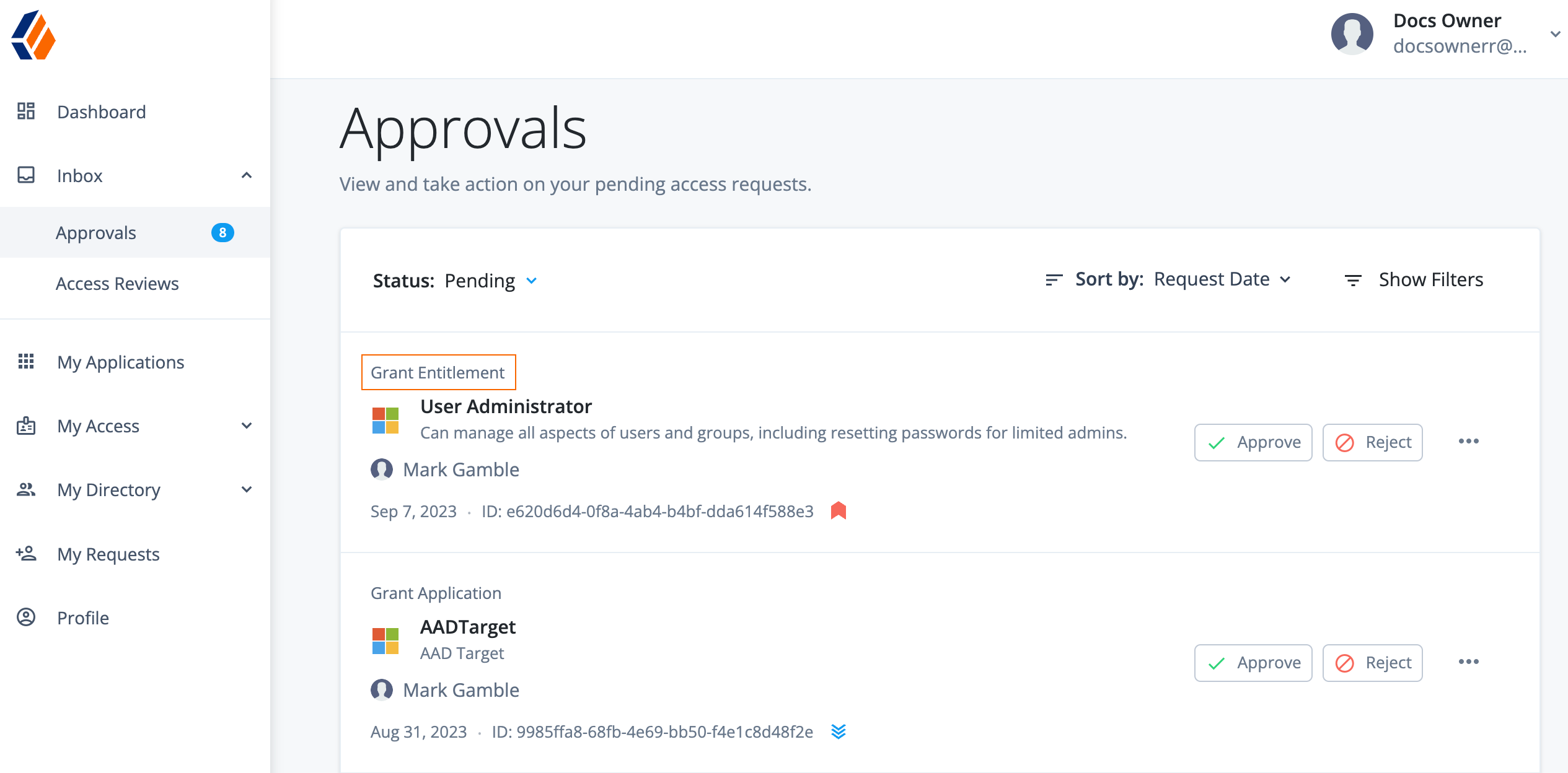 governance enduser ui approvals request type