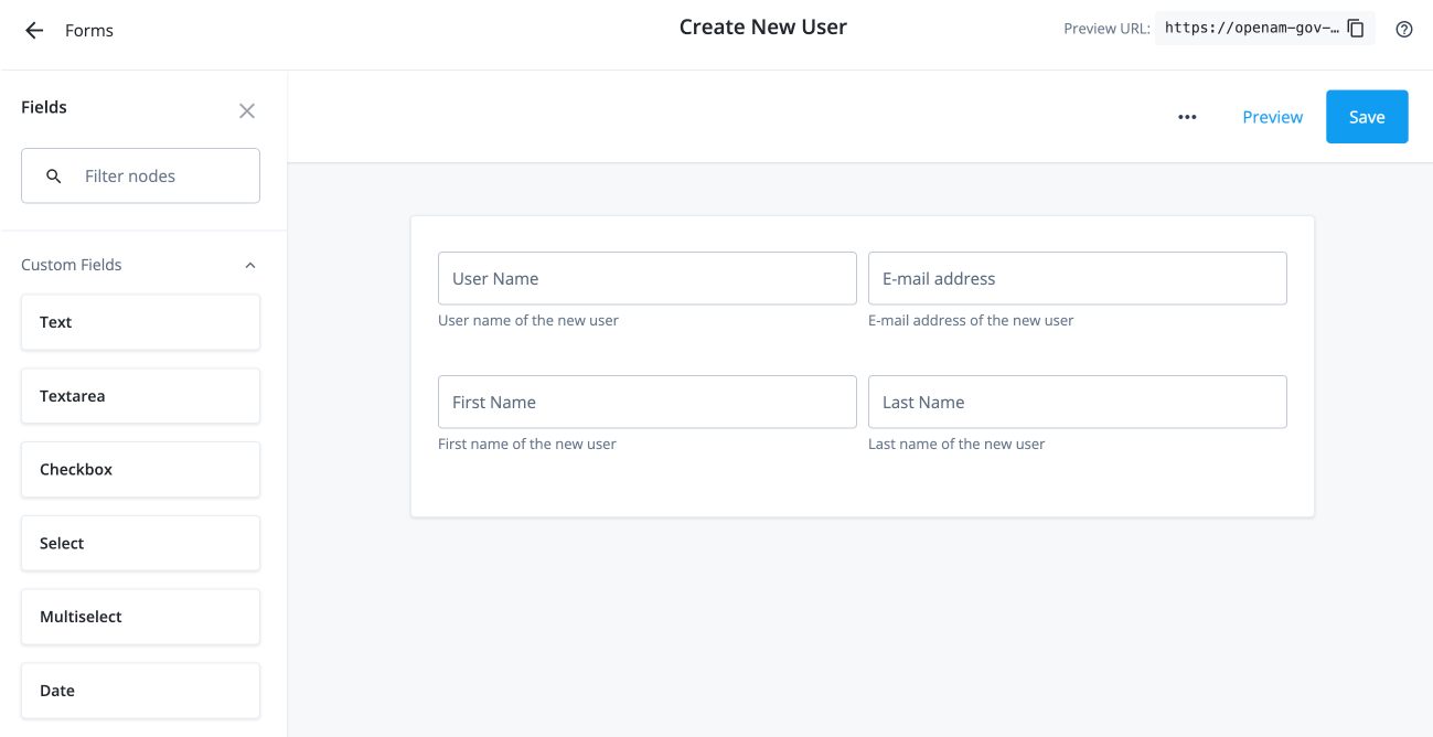 An example of a form for the `Create User` custom request type.