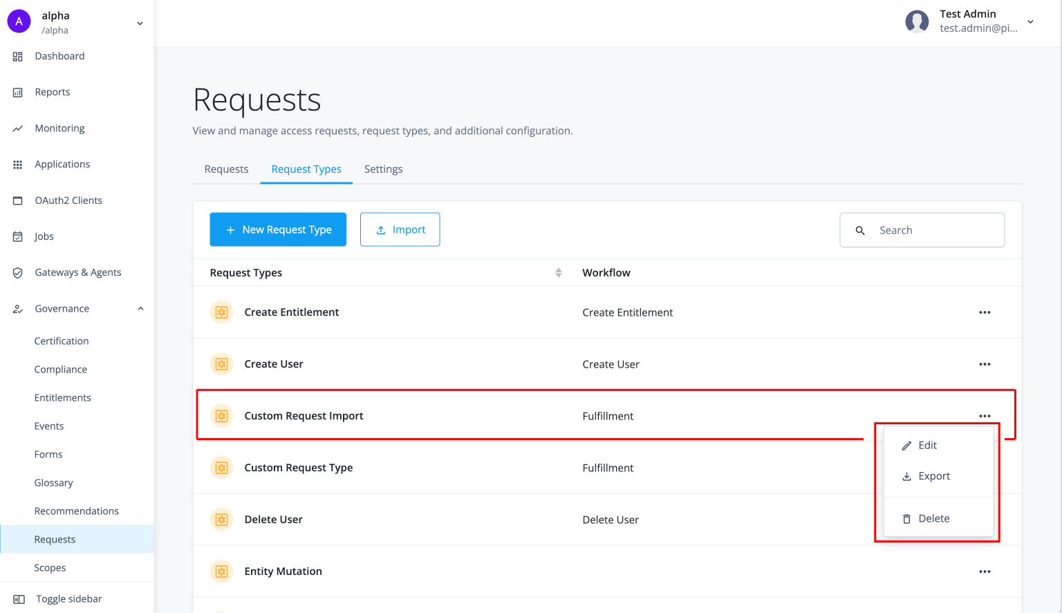 Governance requests page after importing a custom request type