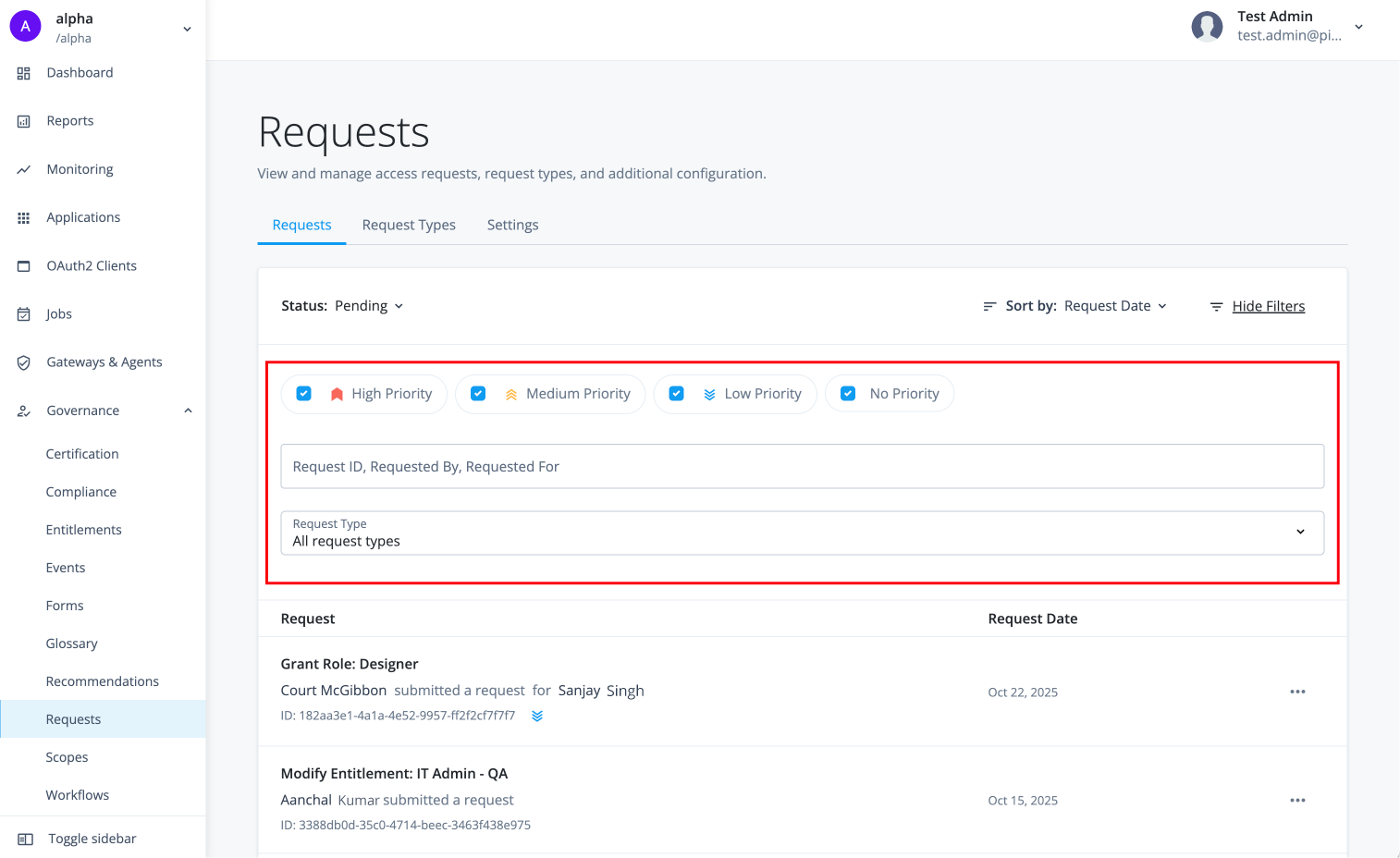 Filter the requests on the page by priority, request or request type.