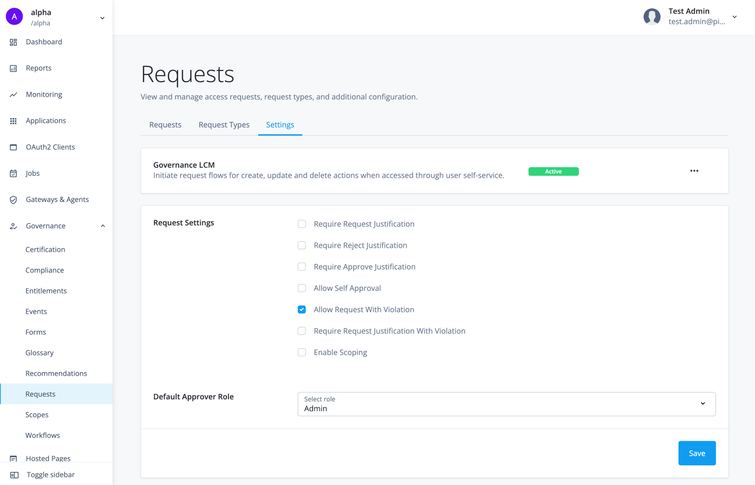 Governance request settings page.