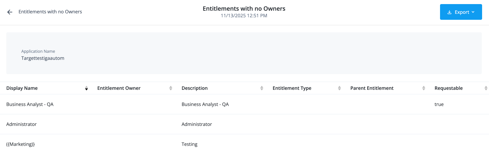 The entitlements with no owners report identifies entitlements that lack an assigned owner.