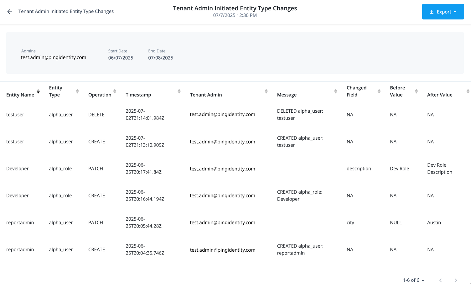 Tenant admin initiated entity types changes report.