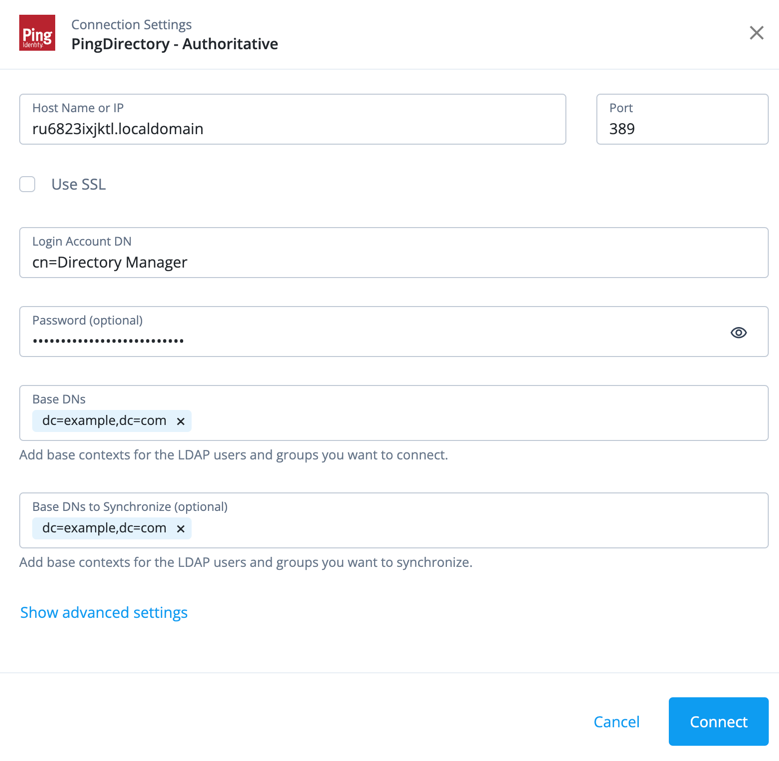 Connection settings for the authoritative PingDirectory app