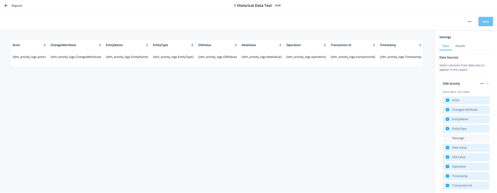 UI example of a historical data report template with selected properties