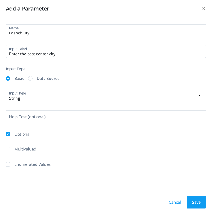 Add a parameter modal with BranchCity parameter values.