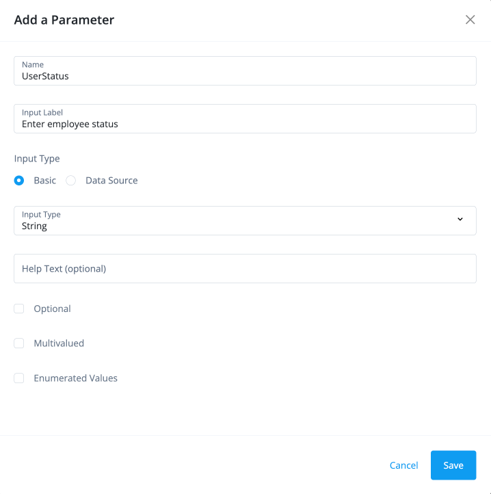 Add a parameter modal with UserStatus parameter values.