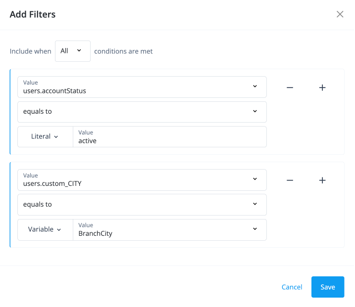 Add filters modal with values for active status and cost center city.