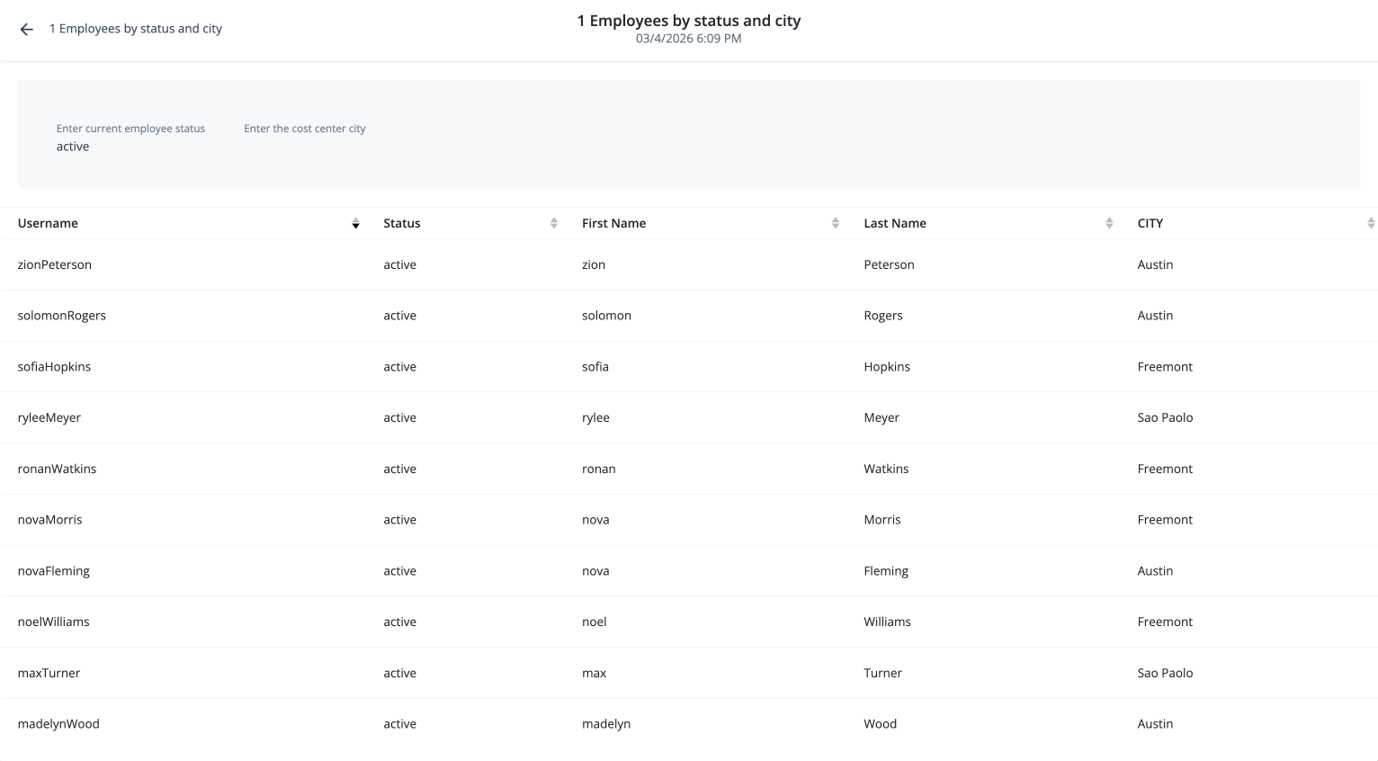 Report results with active status and blank city parameters.