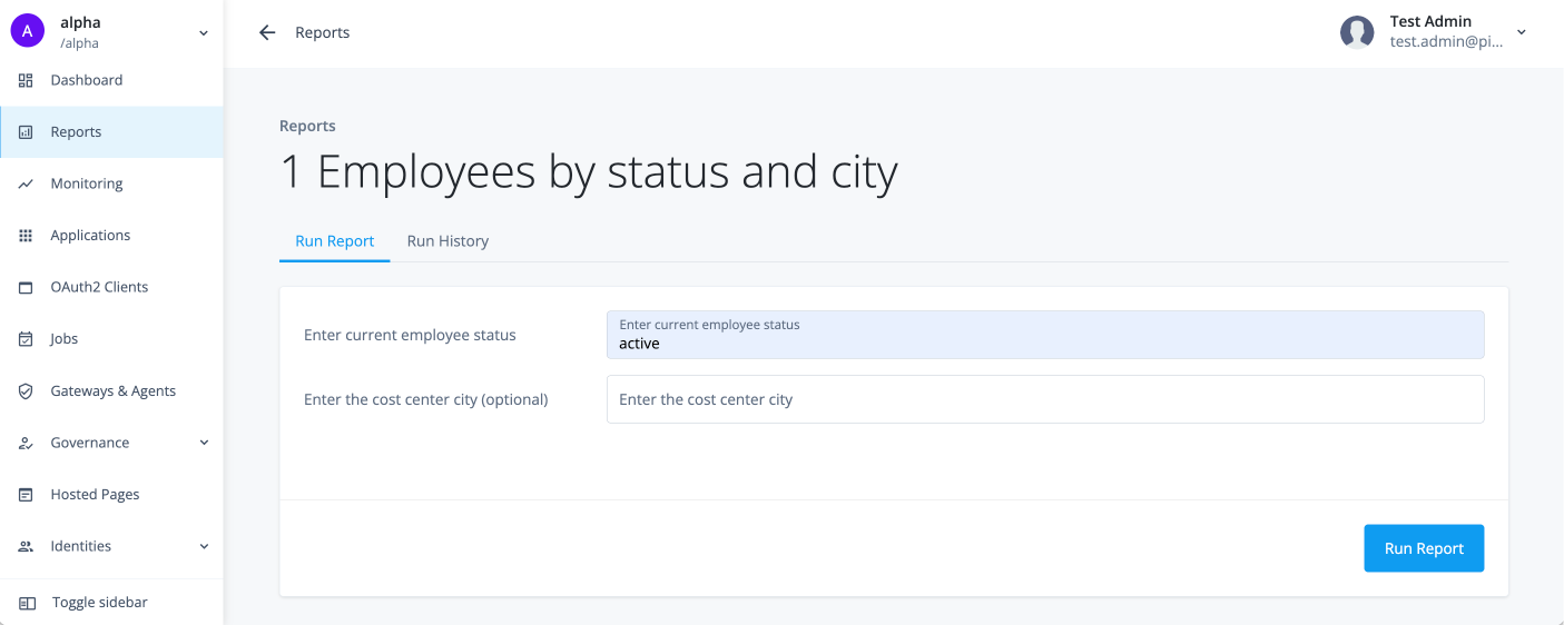 Run report modal with active status and blank city parameters.