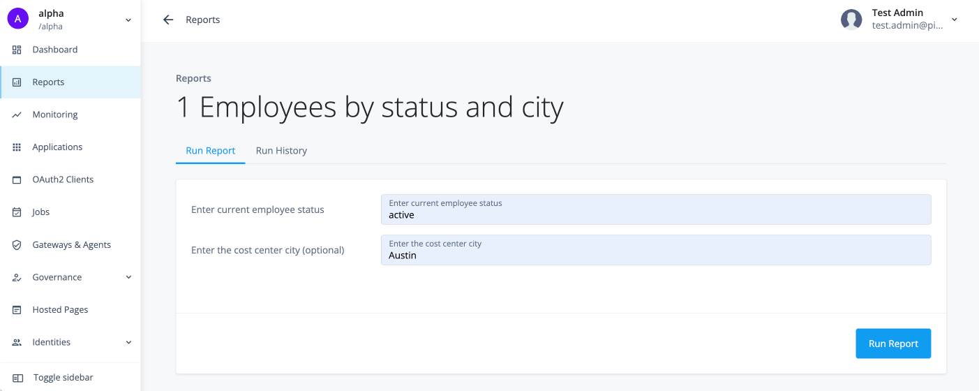 Run report modal with active status and Austin city parameters.