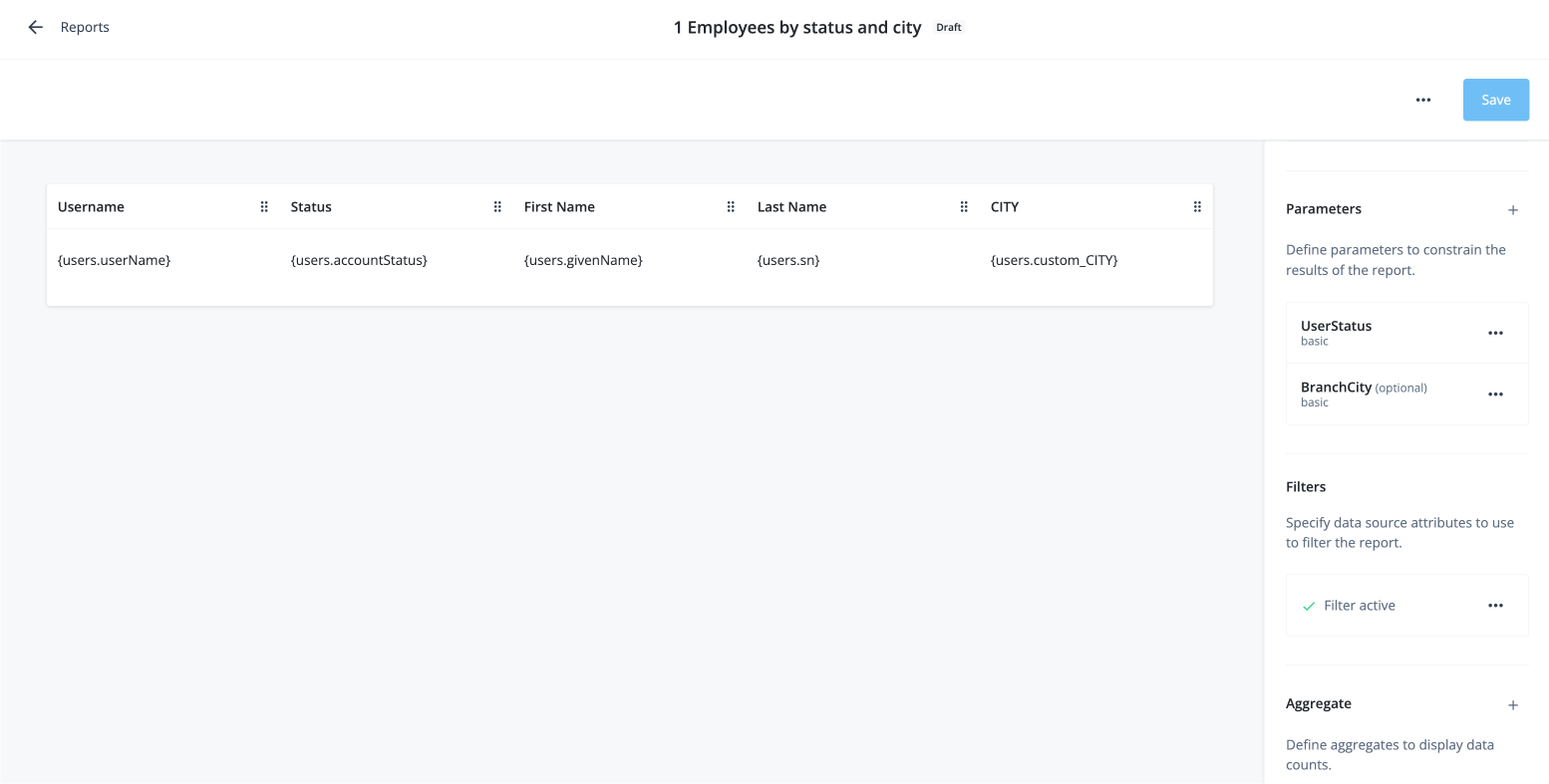 Report template with parameters and filters configured.