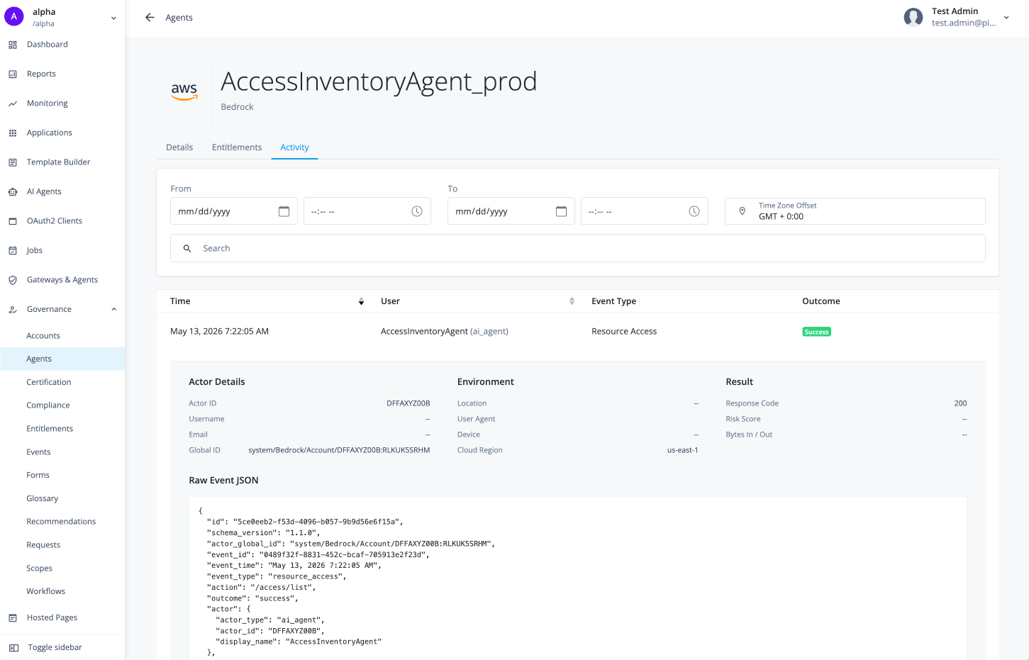 Screen capture of activity logs showing timestamp, actor, action, resource, result columns and date range and time zone filters.