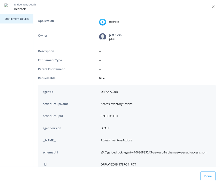 Screen capture of the agent entitlements showing a list of entitlements with a detail modal open.