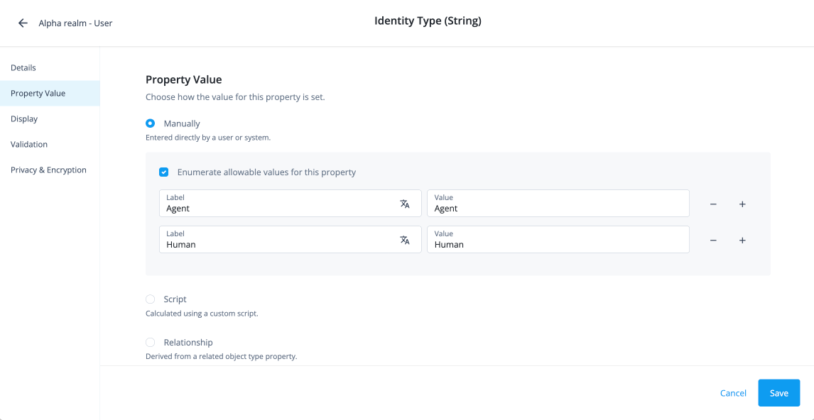 Screenshot showing enumerated values for custom_iga_identity_type: Agent and Human.