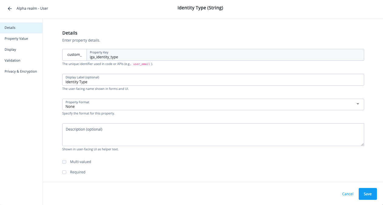 Identity type configuration page showing the custom_iga_identity_type property with two enumerated values: Agent and Human
