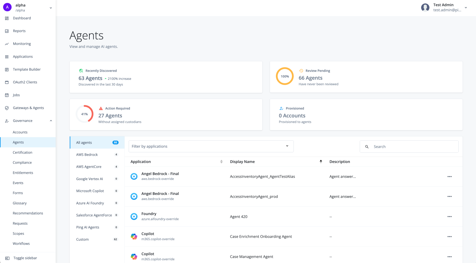 Dashboard with metric cards (Recently Discovered, Review Pending, Action Required, Provisioned), platform filters sidebar, and agent table with application and description columns.