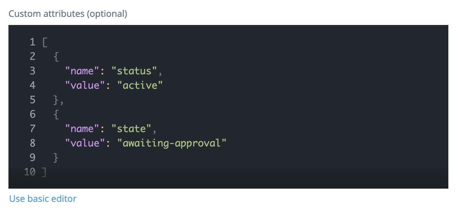AI agent custom attributes advanced editor showing a JSON object with two key-value pairs: 'status': 'active' and 'state': 'awaiting-approval'