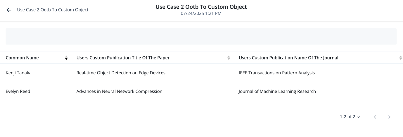 Example of a custom object relationship for out-of-the-box IDM object to a custom object.