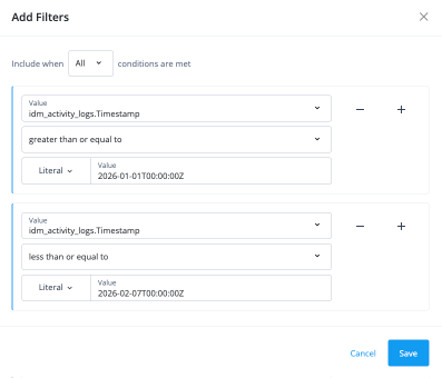 UI example of the add filter modal for historical data reports
