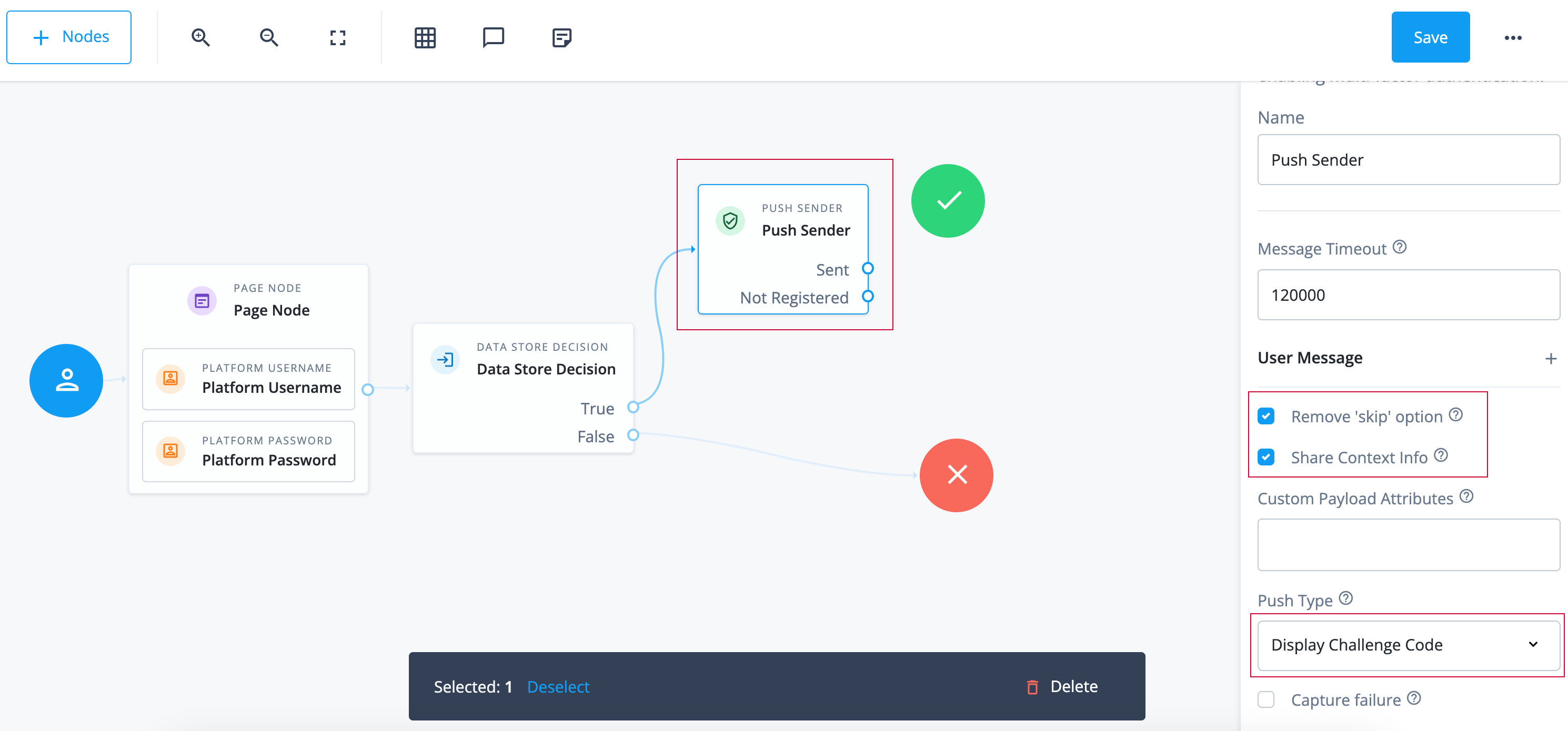The push sender node configuration settings