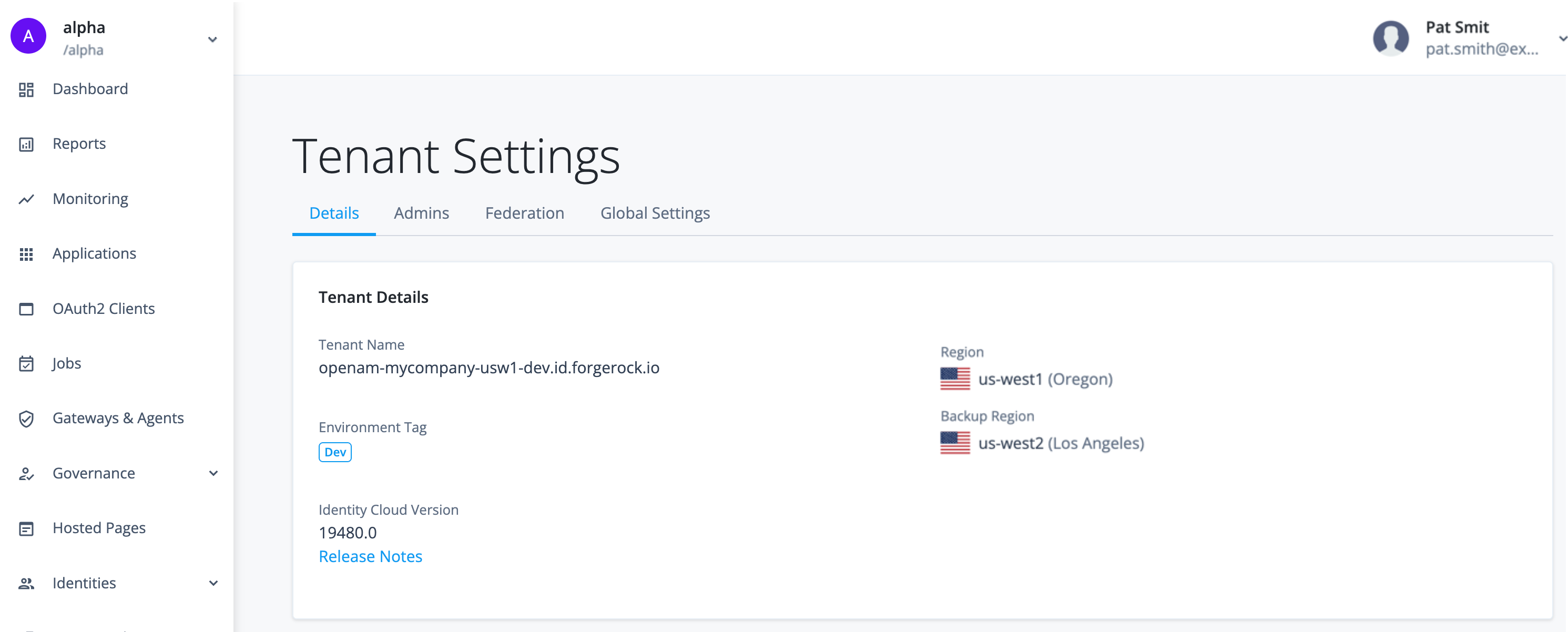 Tenant settings detail page