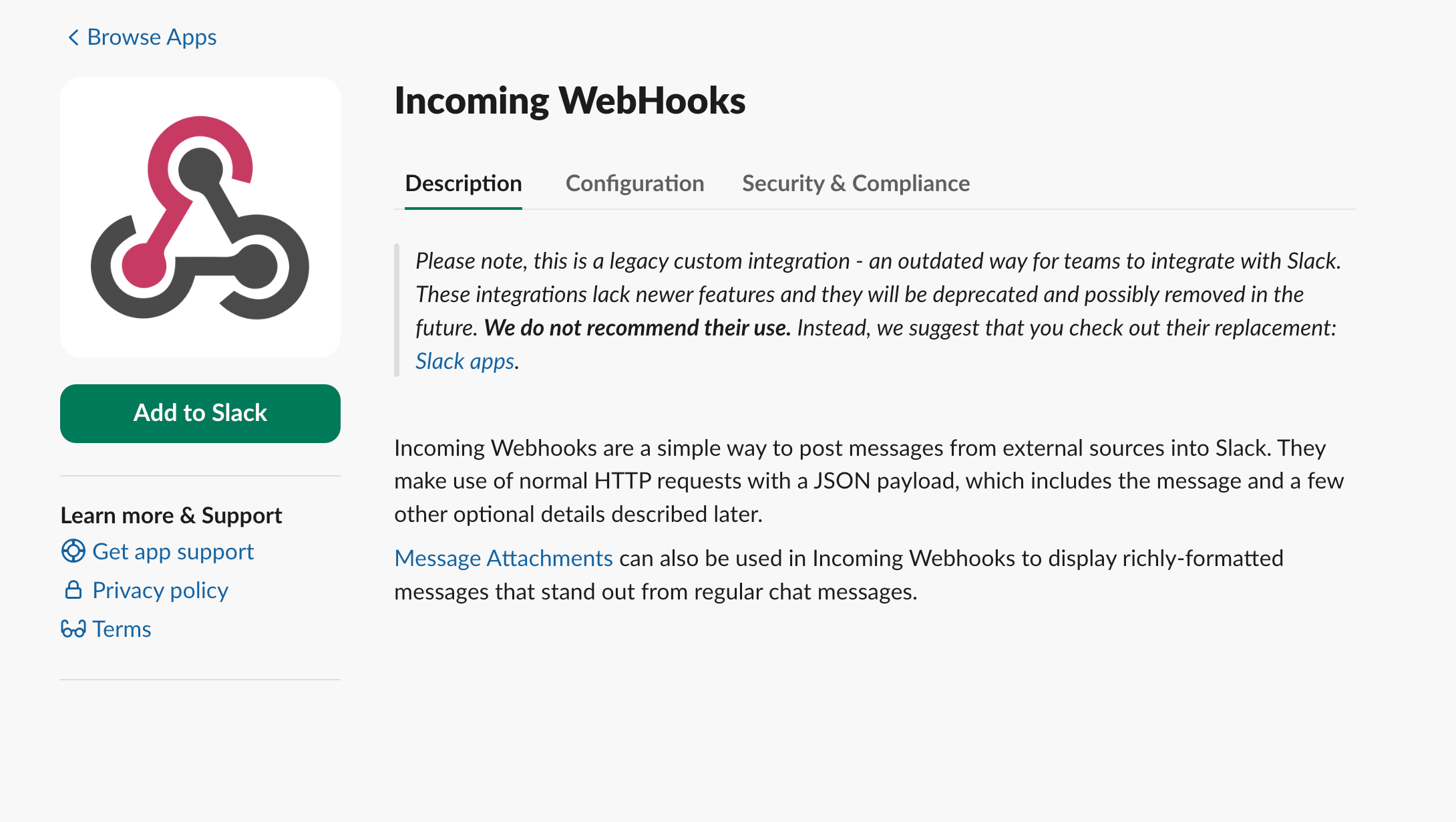 The Incoming Webhooks integration page in the Slack App Directory