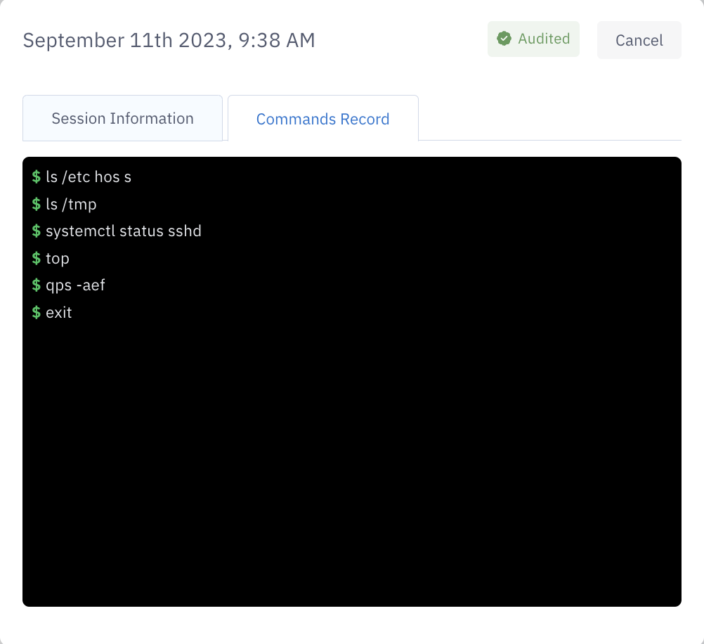 Image shows an example log displaying commands executing during a session.