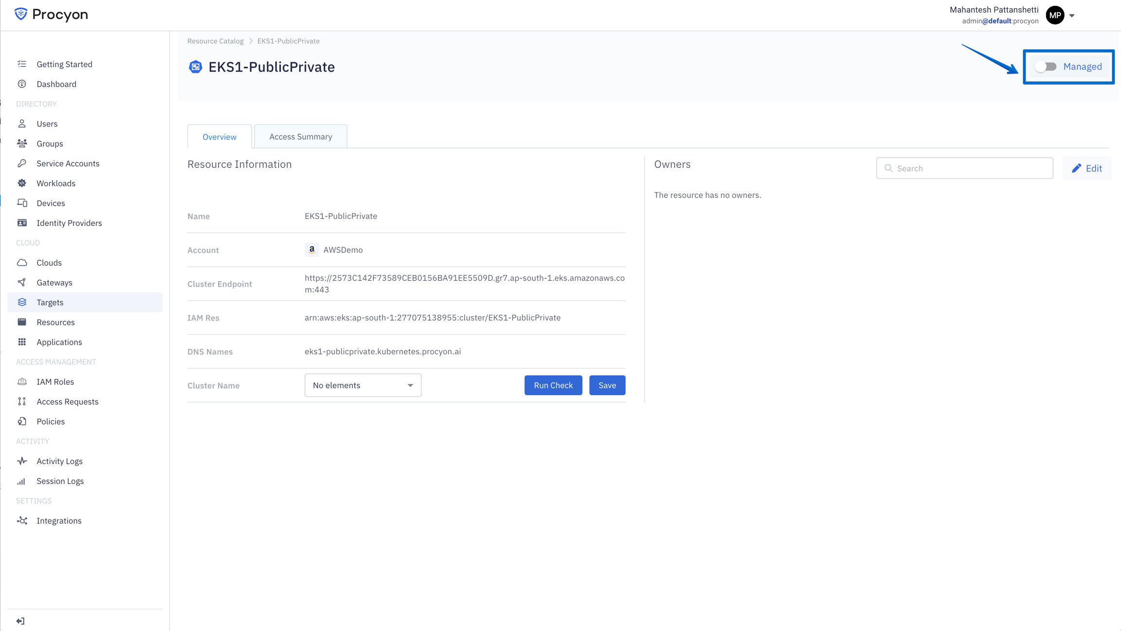 Use the Managed toggle on the resource tails page to register a target resource.