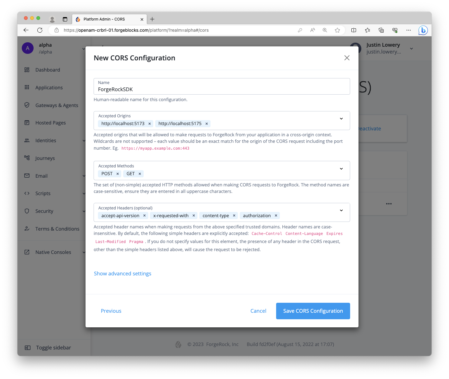 Screenshot of Token Vault CORS configuration with two origins in PingOne Advanced Identity Cloud