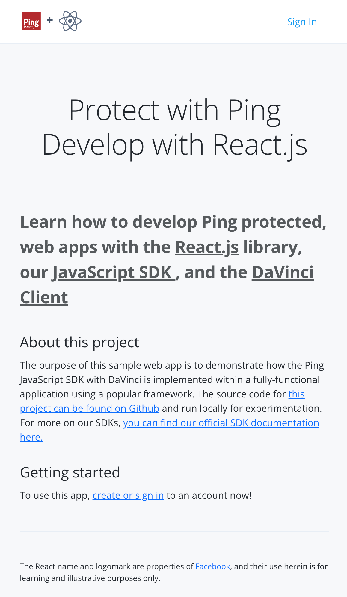 The first page of the JavaScript DaVinci client sample.