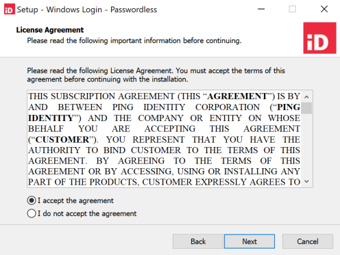 Screen capture of the EULA page with I accept the agreement selected