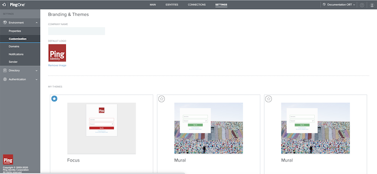 Screen capture illustrating the Branding & Themes window in the PingOne for Customers web console.