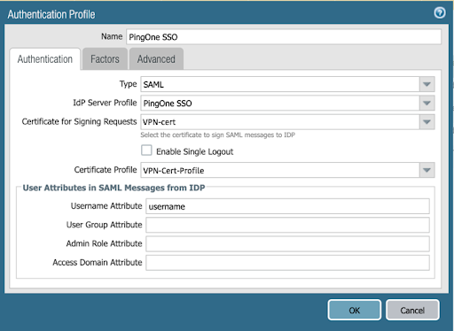 A screen capture of the Authentication Profile window in the NGFW admin portal.