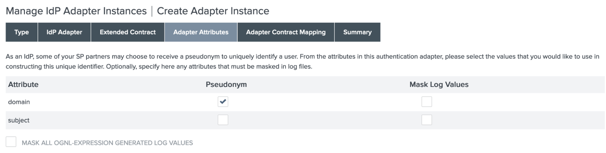 Screen capture of the Create adapter instance page with the pseudonym check box selected for the domain attribute on the Adapter attributes tab