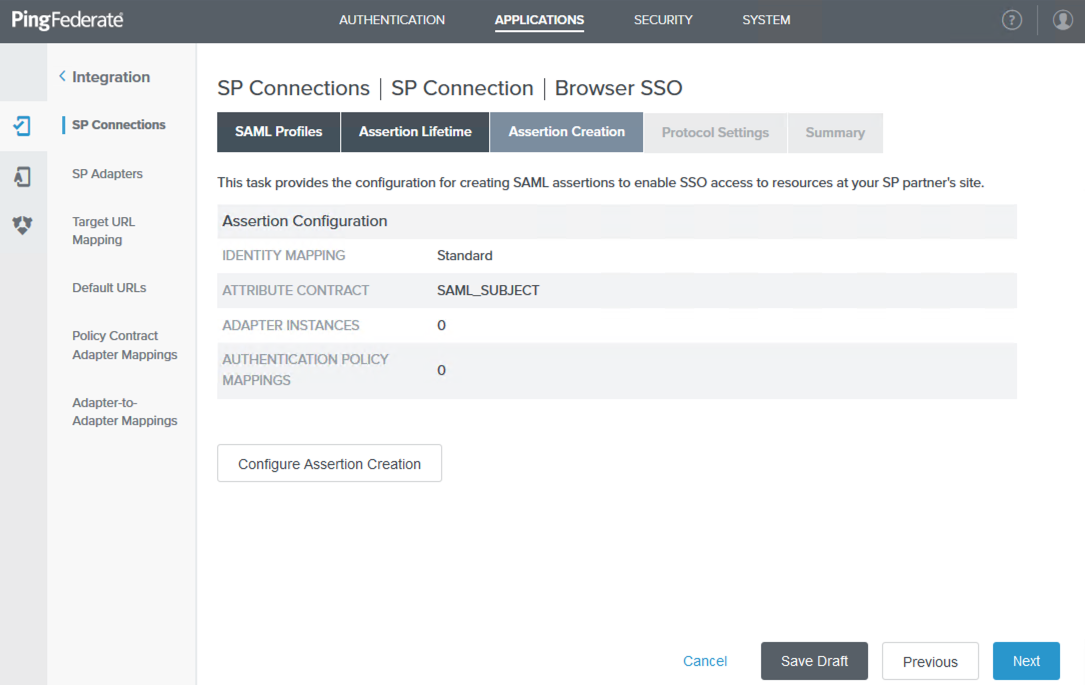 A screen capture of the Assertion Creation tab in the administrative console.