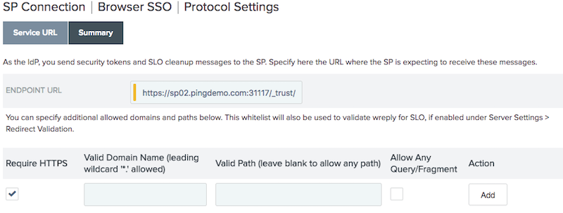 The SP connection configuration protocol settings summary.