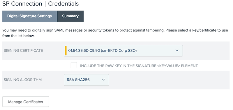 The admin console Summary tab for configuring the SP connection.