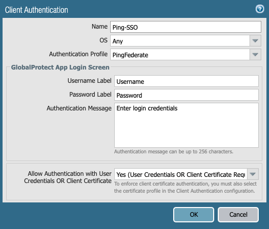 A screen capture of the Client Authentication window in Palo Alto NGFW.